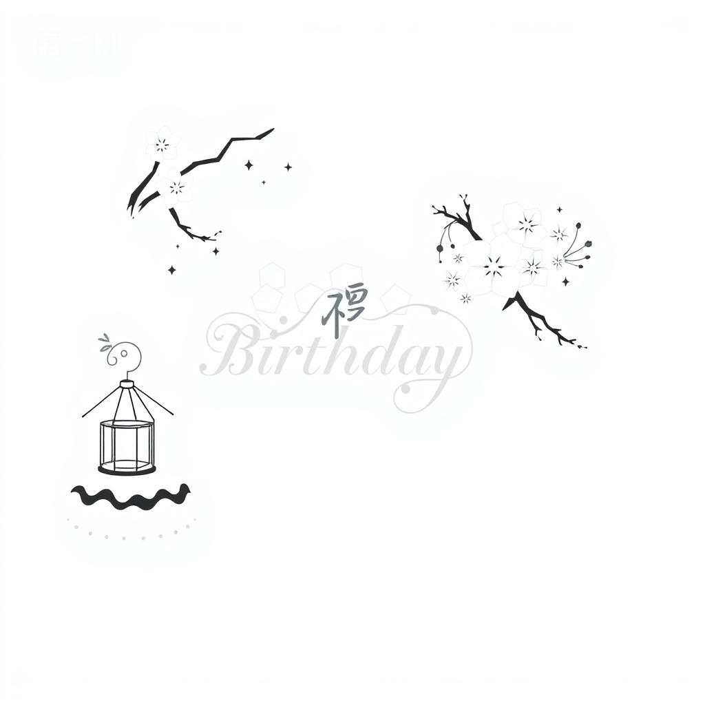 A minimalistic 2D black and white illustration celebrating a birthday theme in a Japanese style