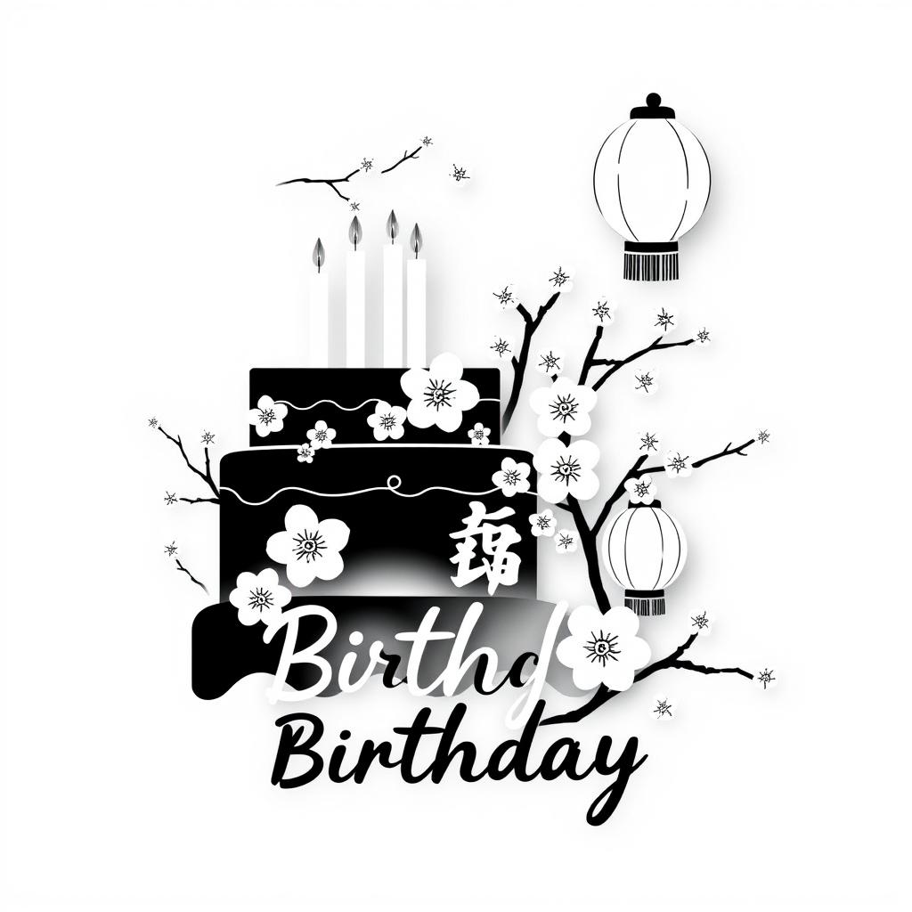 A minimalistic 2D black and white illustration featuring a birthday theme in Japanese style