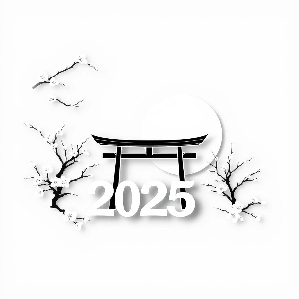 A minimalistic 2D black and white illustration capturing the essence of the New Year in a Japanese style