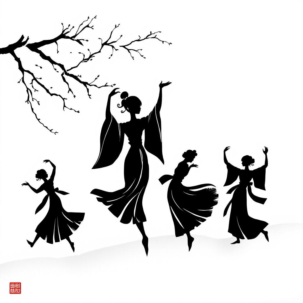 A minimalistic 2D black and white illustration depicting the theme of dance in a Japanese style