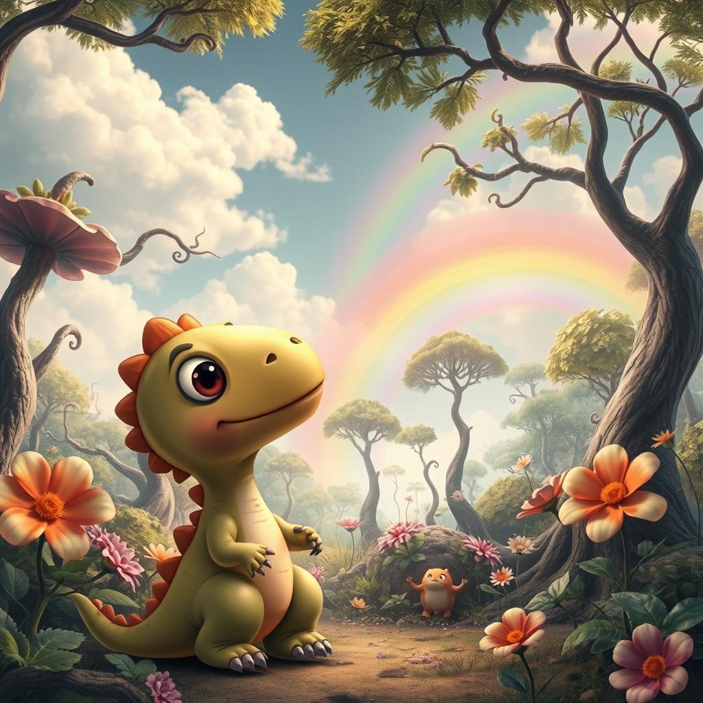 A surrealist forest scene featuring a cute little dinosaur, resembling a T-Rex, gazing curiously at the sky