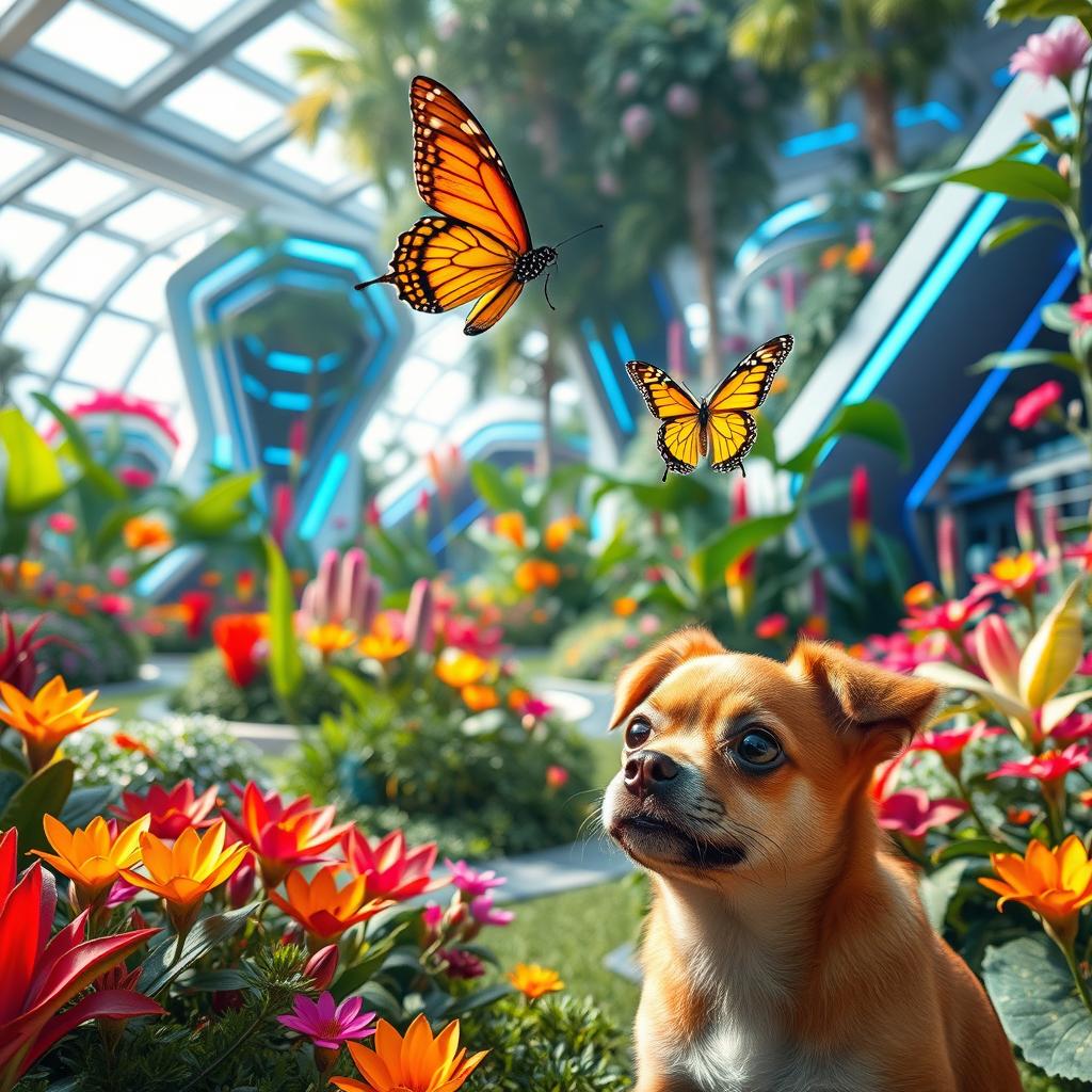 A stunning futuristic garden filled with vibrant, exotic plants and flowers