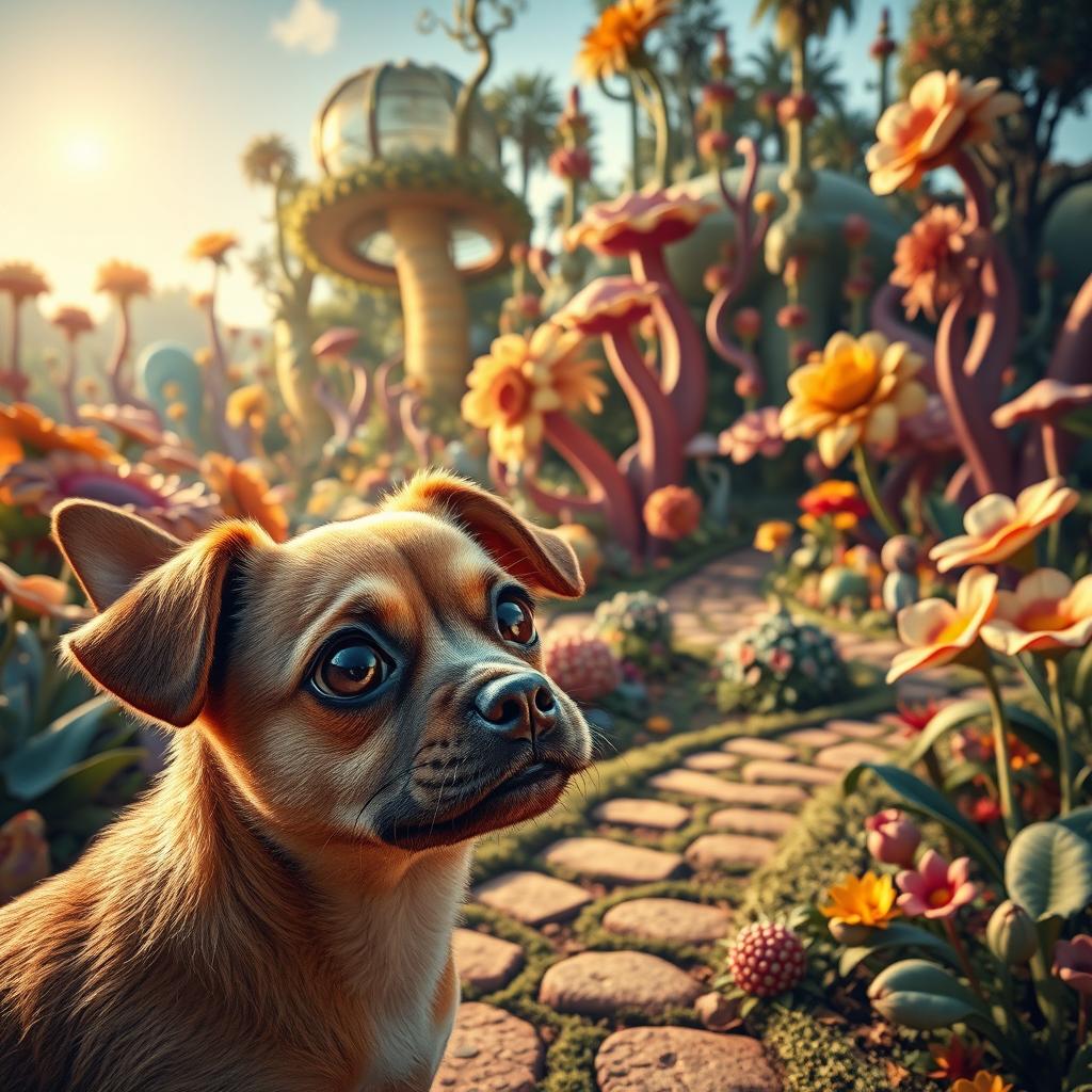A surrealist garden filled with vibrant, oversized flowers, twisted paths, and whimsical elements