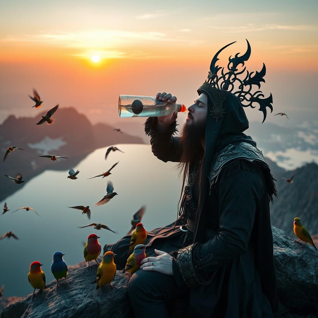 A singer from the band Behemoth, dressed in an elaborate dark metal outfit, is drinking water while surrounded by colorful birds by a serene pond at the peak of a majestic Bread Mountain