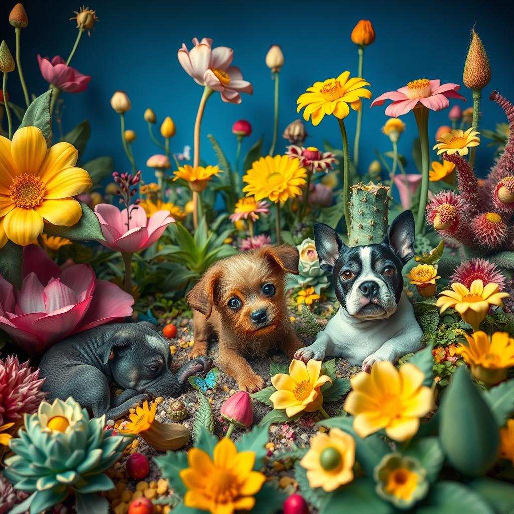 A surrealist garden filled with vibrant and unusual plants, featuring a little brown dog with big expressive brown eyes playfully exploring the scene