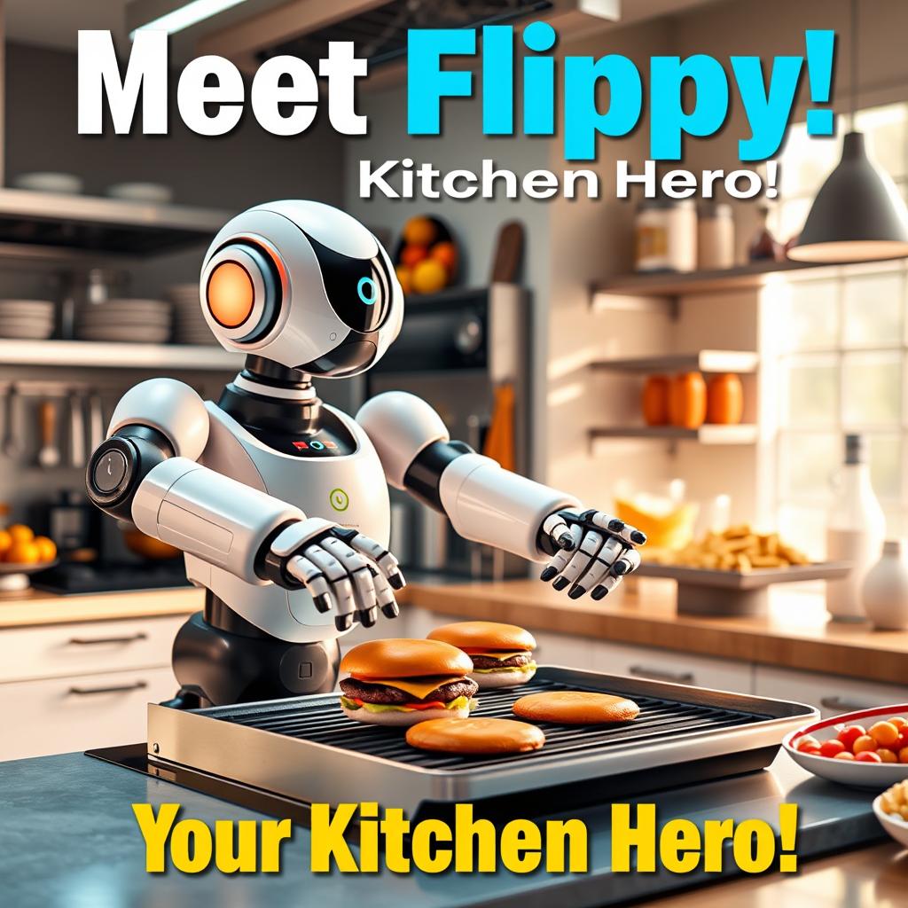 A vibrant and eye-catching poster featuring Flippy, the advanced robotic kitchen assistant, depicted in a modern, sleek design