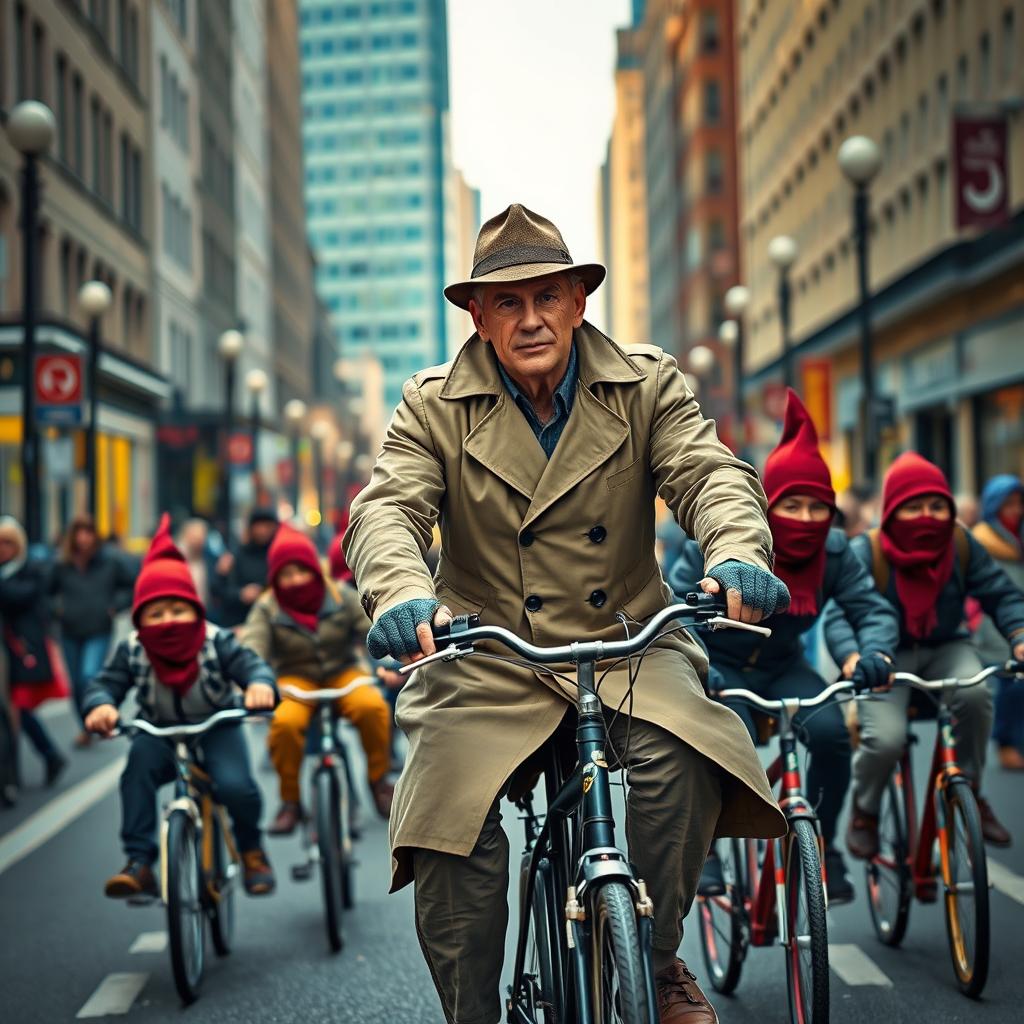 A detective on a bicycle, confidently navigating a bustling city street