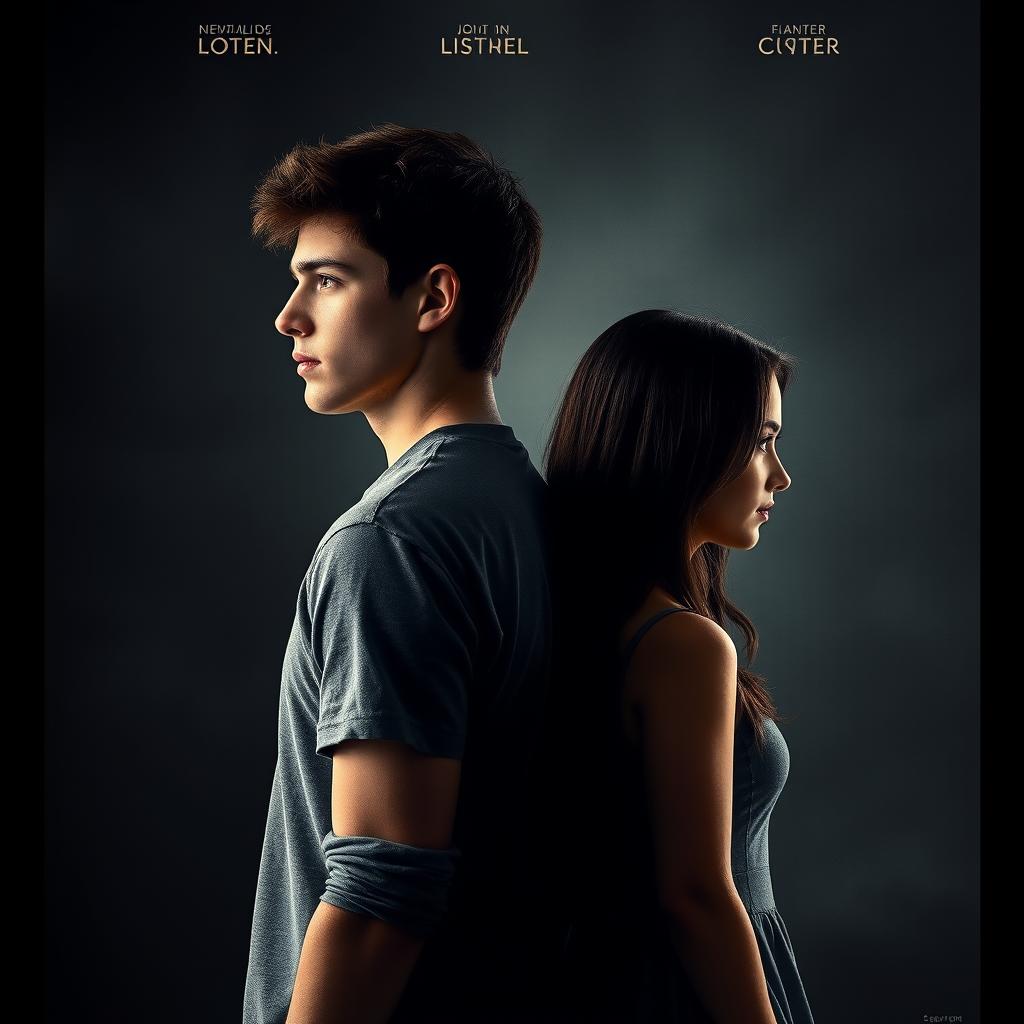 A dramatic movie poster featuring a young man looking to the left and a young woman looking to the right, both standing back-to-back as if turning away from each other