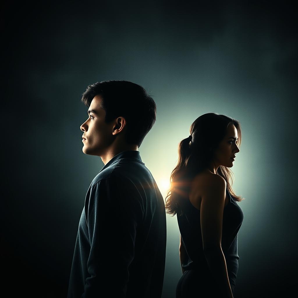 A dramatic movie poster featuring a young man and a young woman, both turning their backs on each other