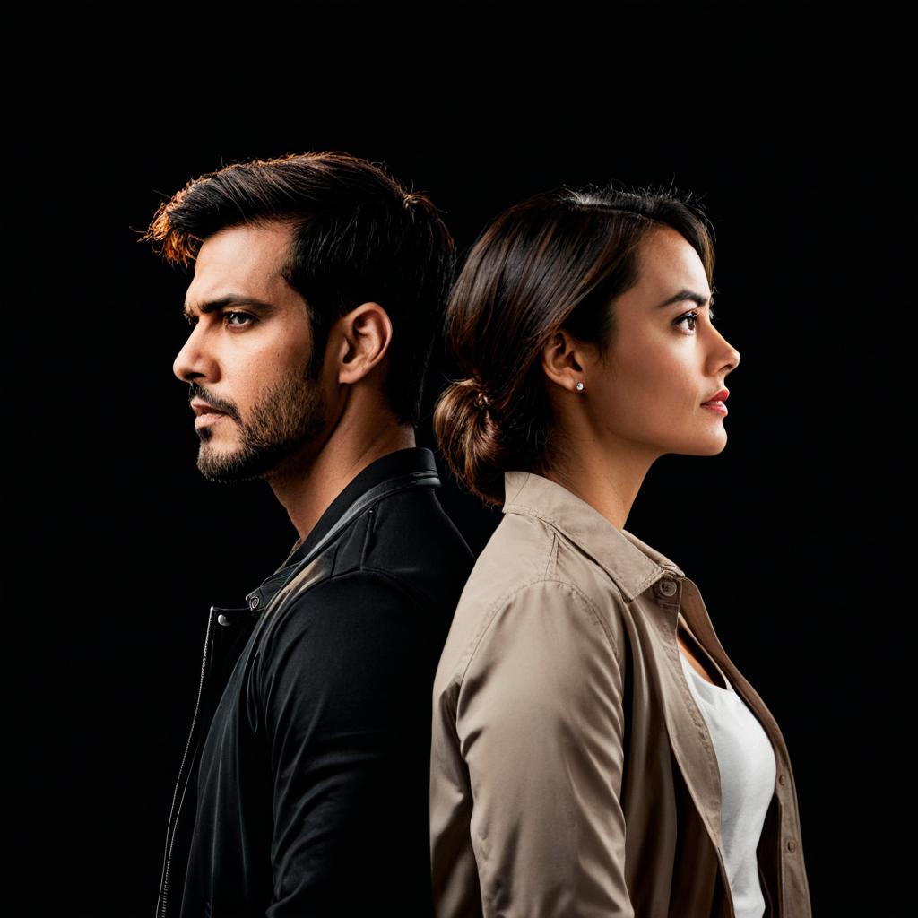 A dramatic realistic movie poster showing a man looking to the left and a woman looking to the right, both young people turning their backs on each other, on a dark background without light.