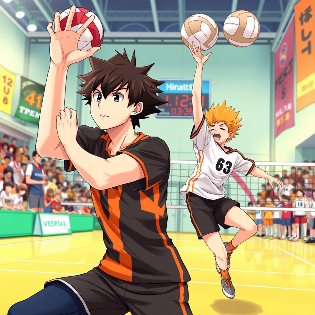 A dynamic and vibrant illustration of two high school volleyball players, Kageyama and Hinata, in an intense match on a bright and lively volleyball court