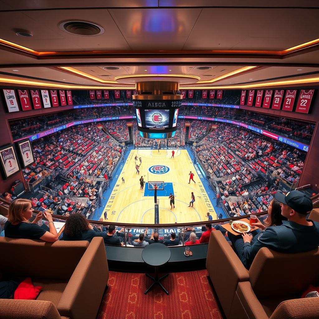 A luxurious NBA suite overlooking a Clippers game at the arena, featuring plush seating, high-end decor, and an expansive view of the basketball court filled with players in action
