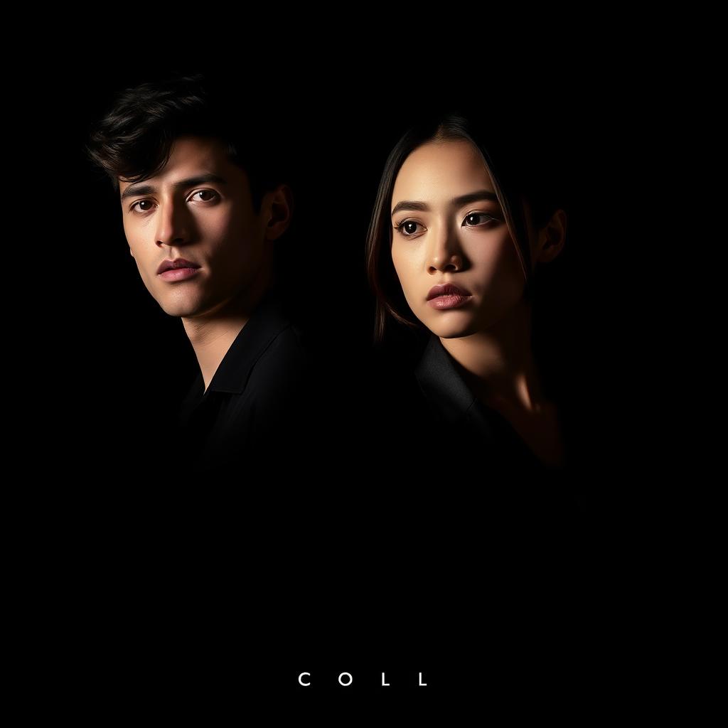 A dramatic movie poster featuring a young man and woman, both in stylish, modern attire, standing confidently against a solid black background