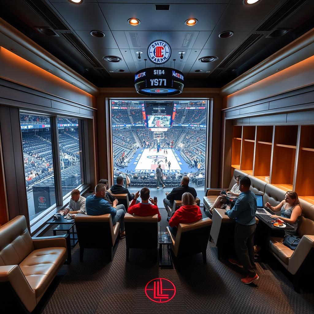 A luxurious NBA State Farm suite inside the Clippers arena, showcasing the distinct features of a sports locker suite
