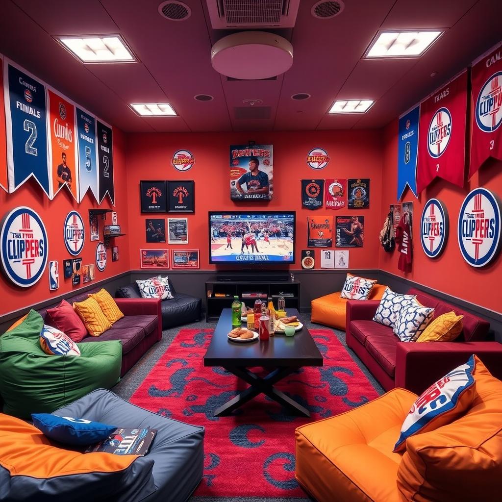 An energetic NBA Finals dorm room suite inside the Clippers arena, designed for fans to enjoy the excitement of the finals