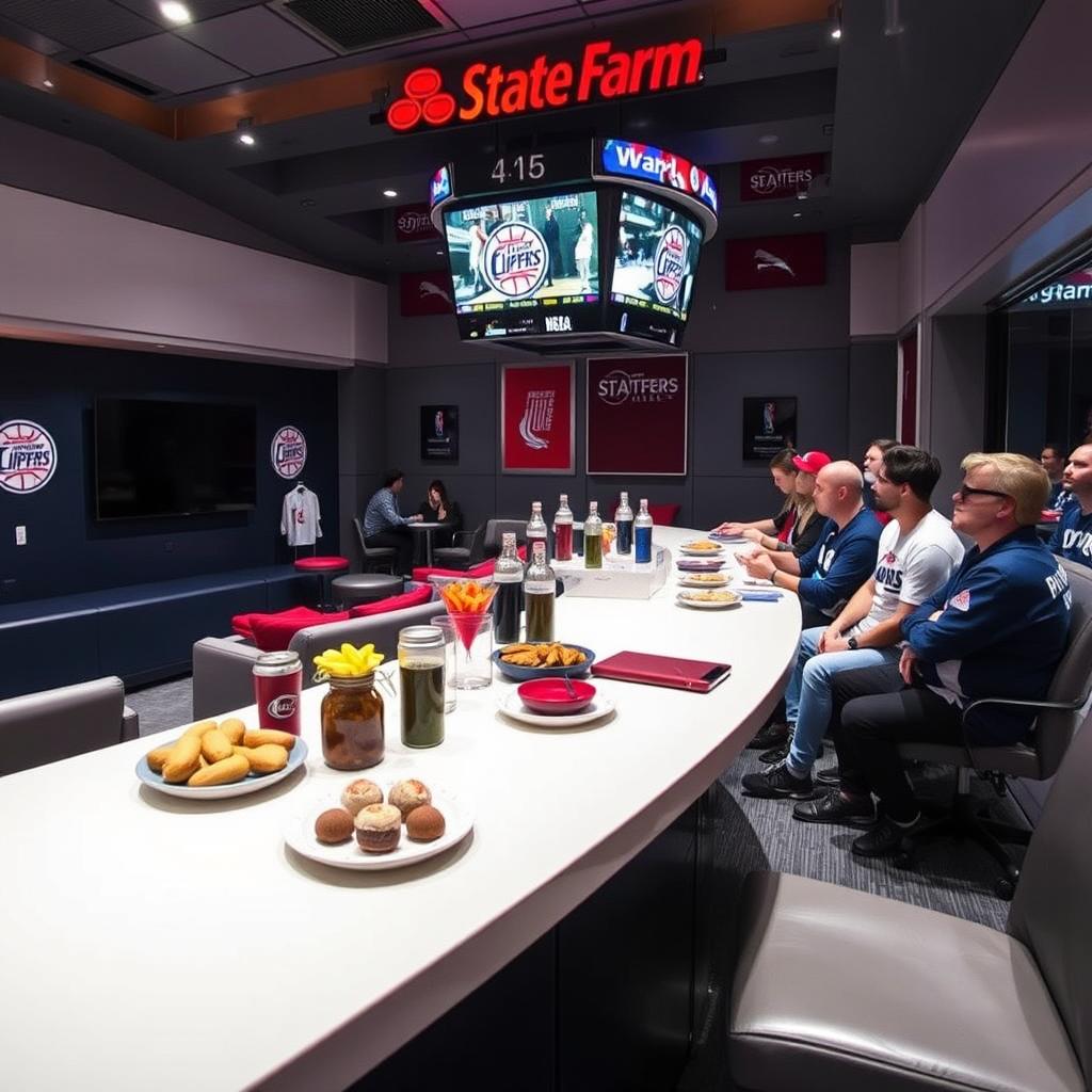 An upscale NBA State Farm sponsored suite located inside the Clippers arena, designed to provide an exclusive viewing experience during the game