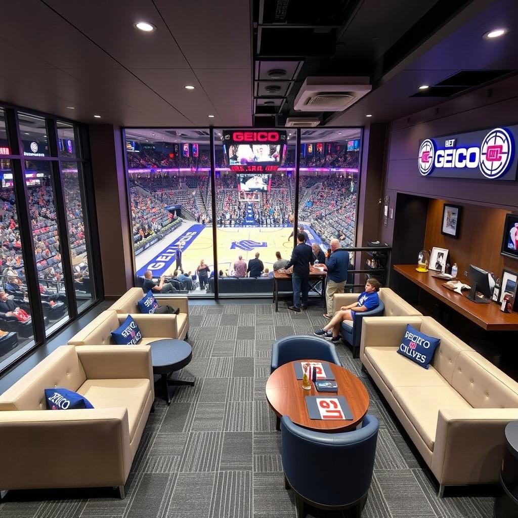 An upscale NBA GEICO Loft suite within the Clippers arena, designed to combine comfort and a premium viewing experience