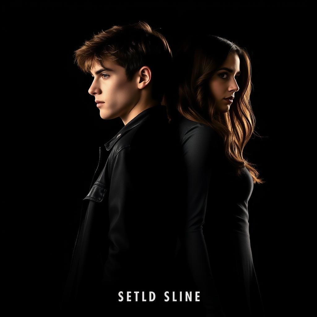 A dramatic movie poster featuring a young man and a young woman standing back to back on a black background