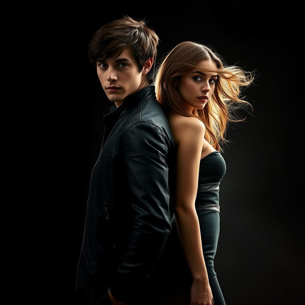A dramatic movie poster featuring a young man and a young woman standing back to back, their poses conveying tension and intrigue