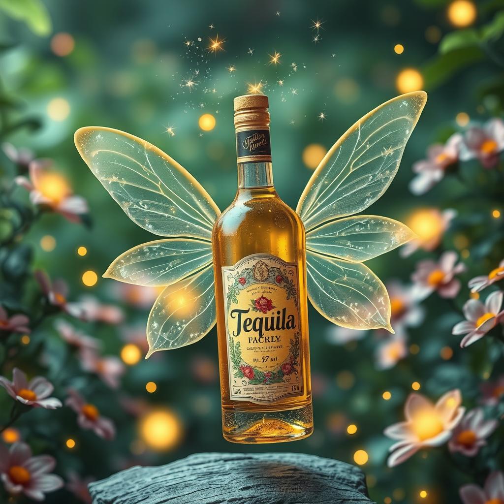A whimsical and enchanting depiction of a bottle of tequila transformed into a fairy