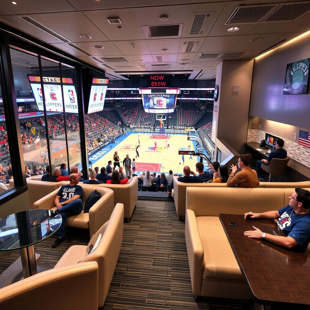 A luxurious NBA BMW Courtside Loft suite located in the Clippers arena, designed for an elite viewing experience of live basketball action