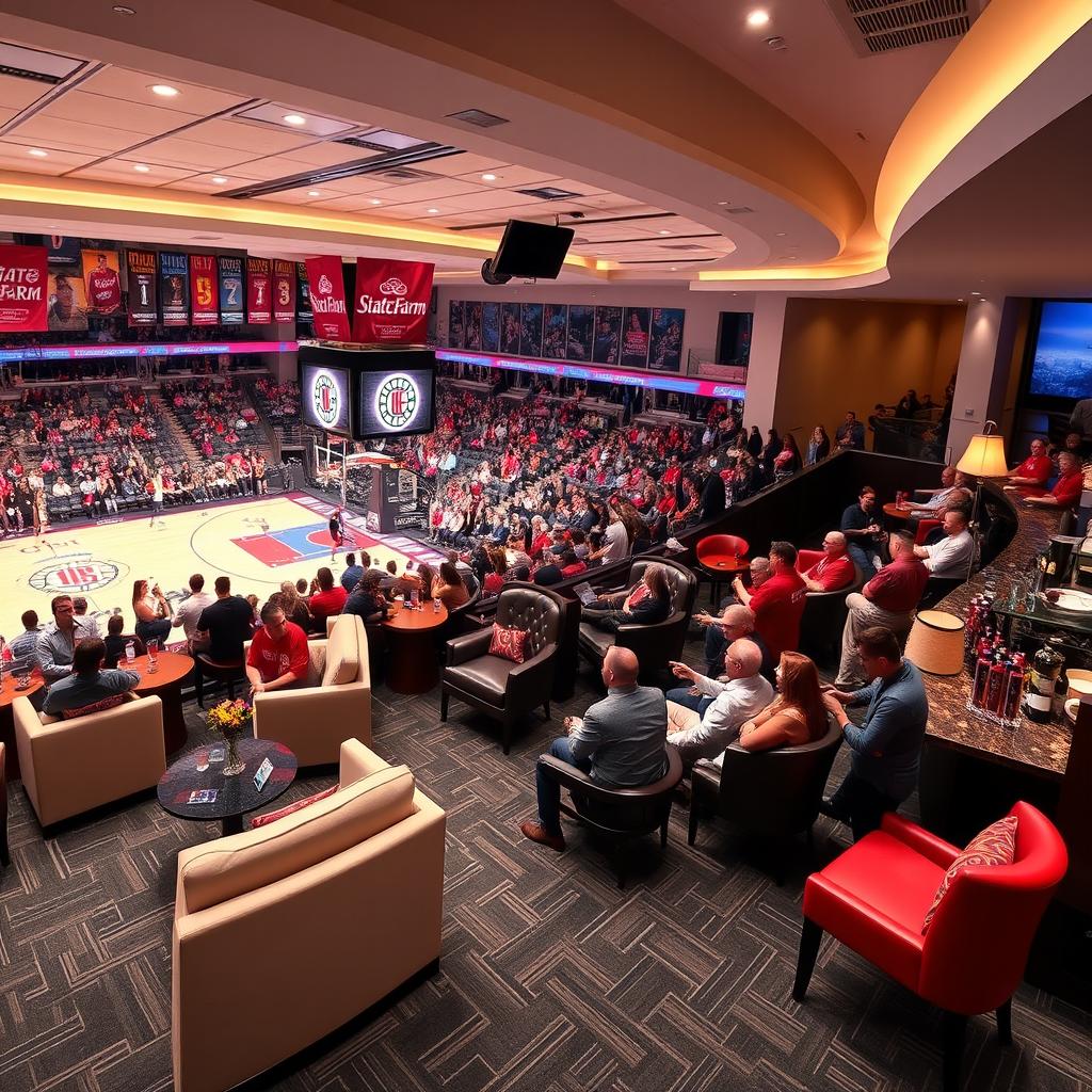 A lavish NBA State Farm Living Room Loft suite in the Clippers arena, designed for an exceptional viewing experience during basketball games