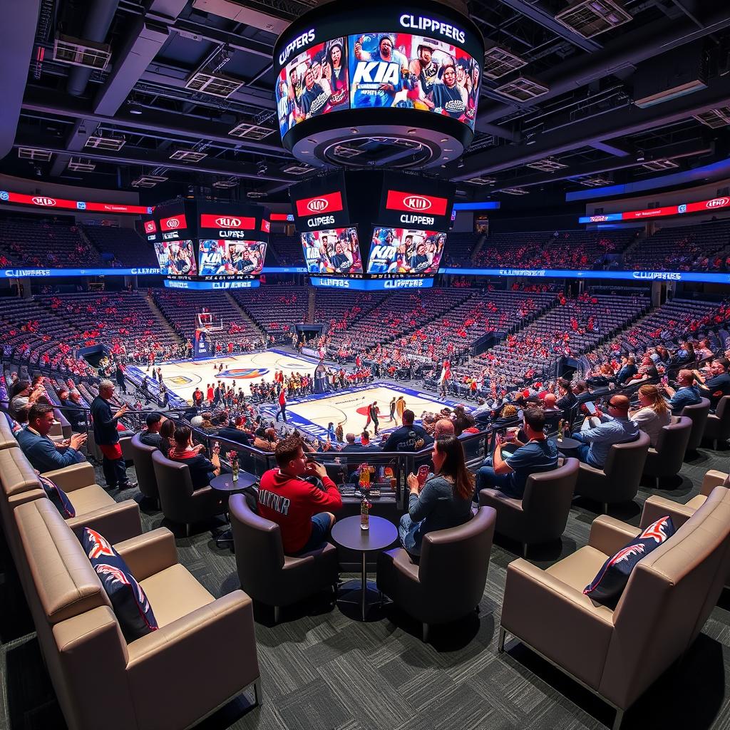 A stunning NBA KIA Jumbotron Loft suite located in the Clippers arena, meticulously designed for a thrilling game-viewing experience
