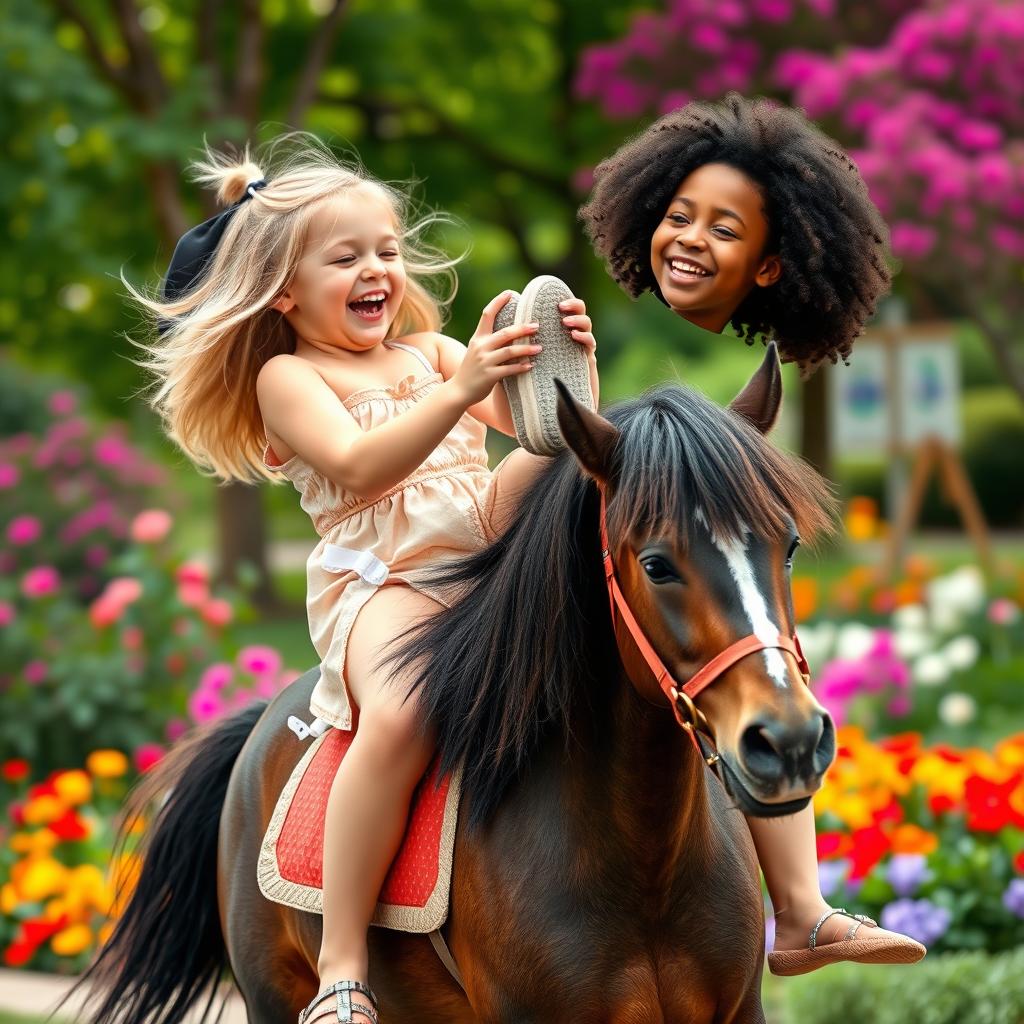A lighthearted and imaginative scene featuring a white girl playfully riding on the back of a black girl as if she were a pony