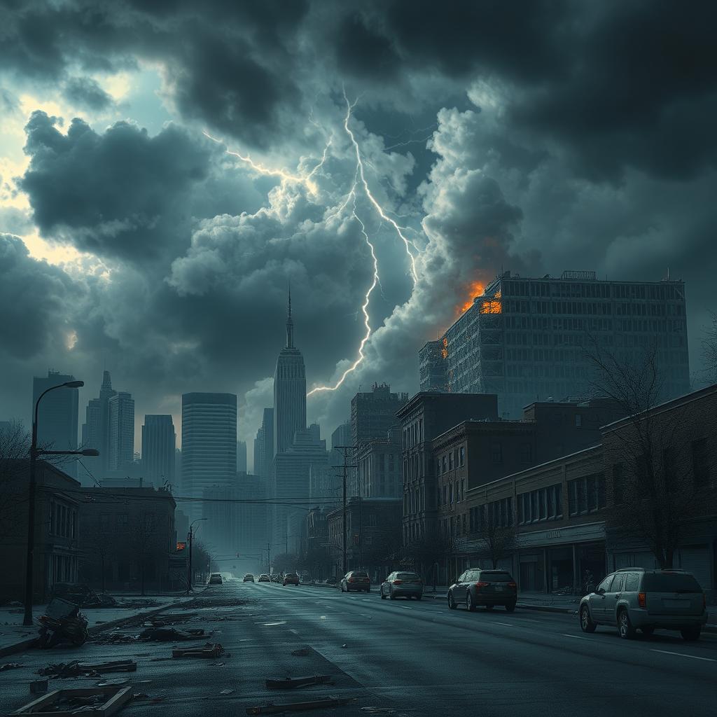 A powerful and evocative image depicting a city in the throes of destruction, showcasing crumbling skyscrapers, billowing smoke, and debris littering the streets