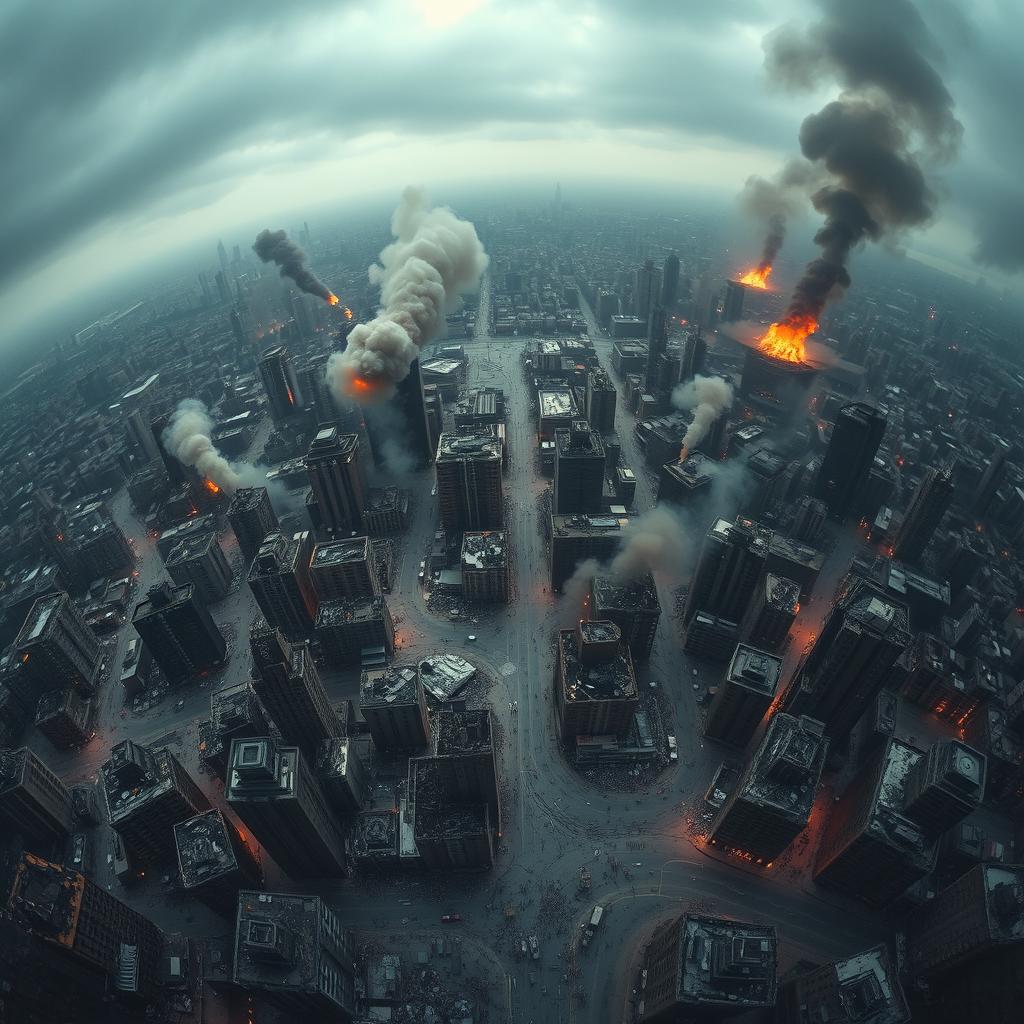 A wide-angle aerial view of a city in destruction, showcasing a sprawling urban landscape ravaged by chaos
