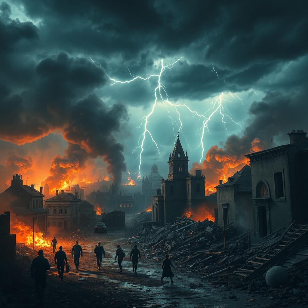 An apocalyptic scene depicting a town in destruction, with crumbled buildings and debris scattered throughout