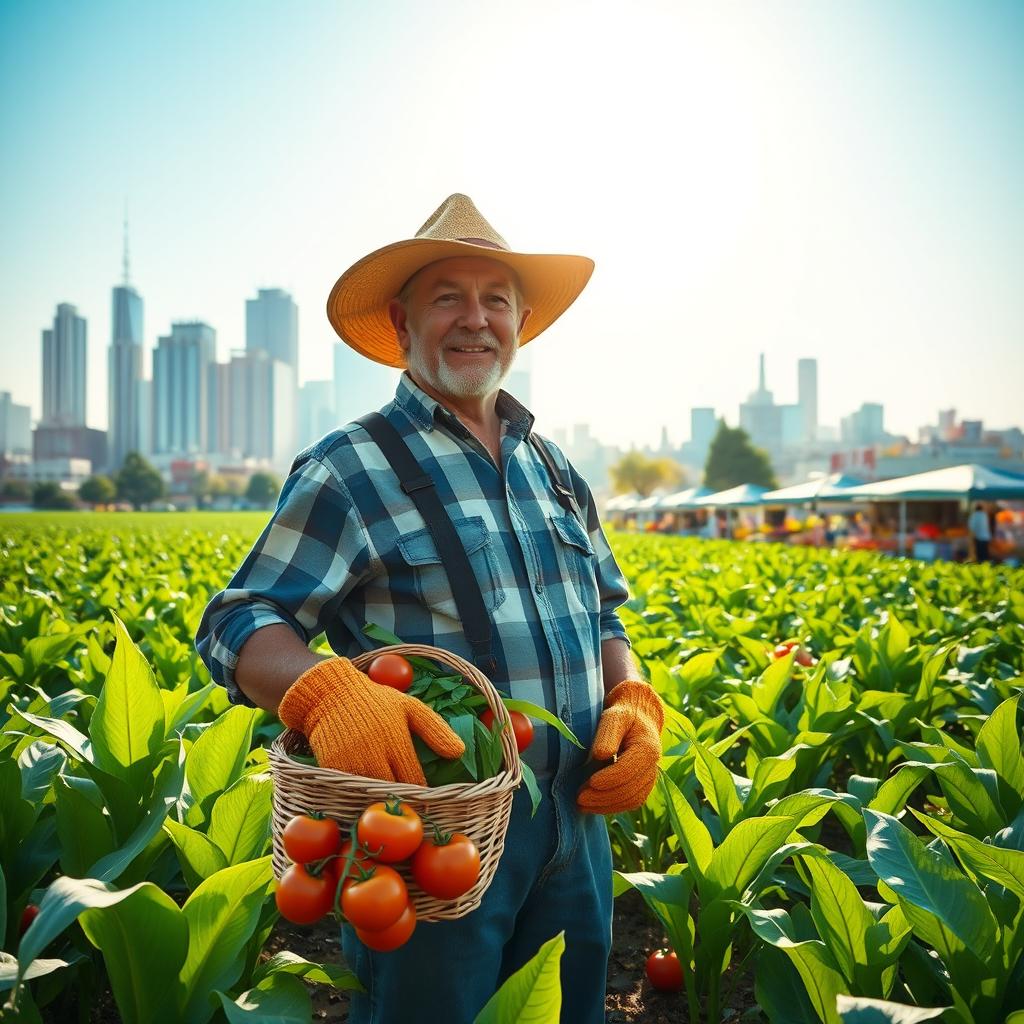 A vibrant scene showcasing a great agriculturist in a large town, standing proudly in a lush green field filled with crops