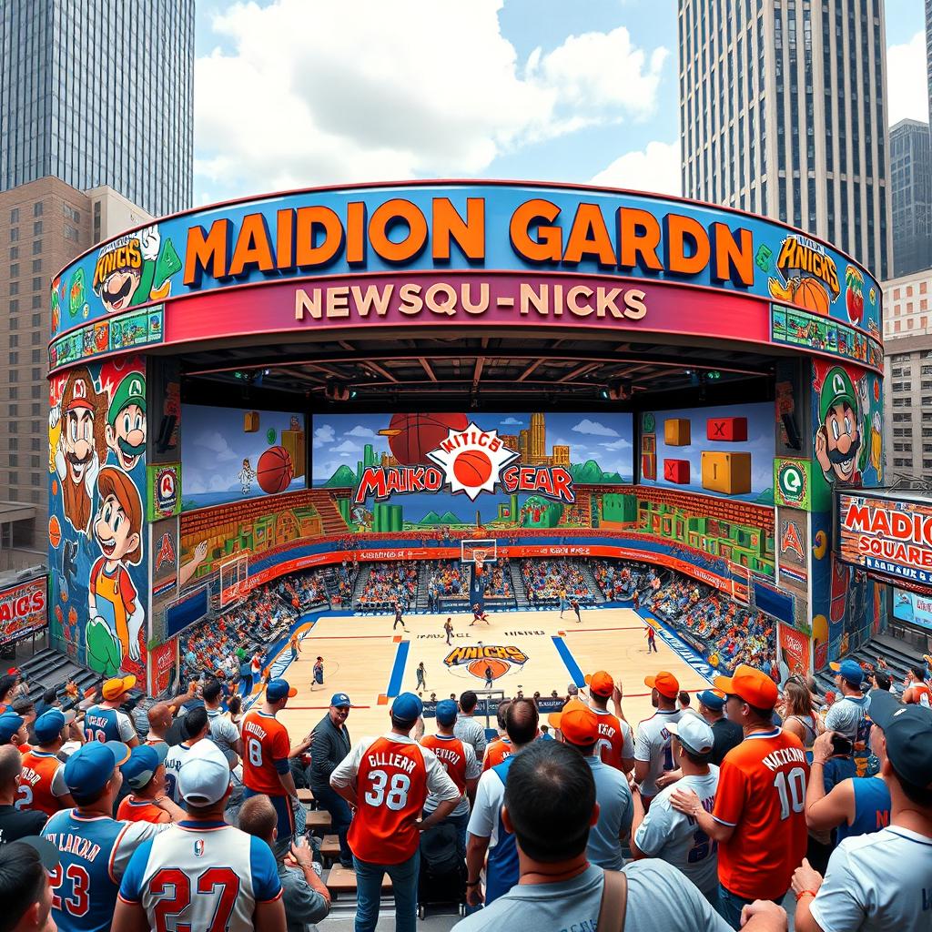 An imaginative depiction of Madison Square Garden, thematically designed with elements inspired by the Mario video game universe, set within the New York City Knicks building