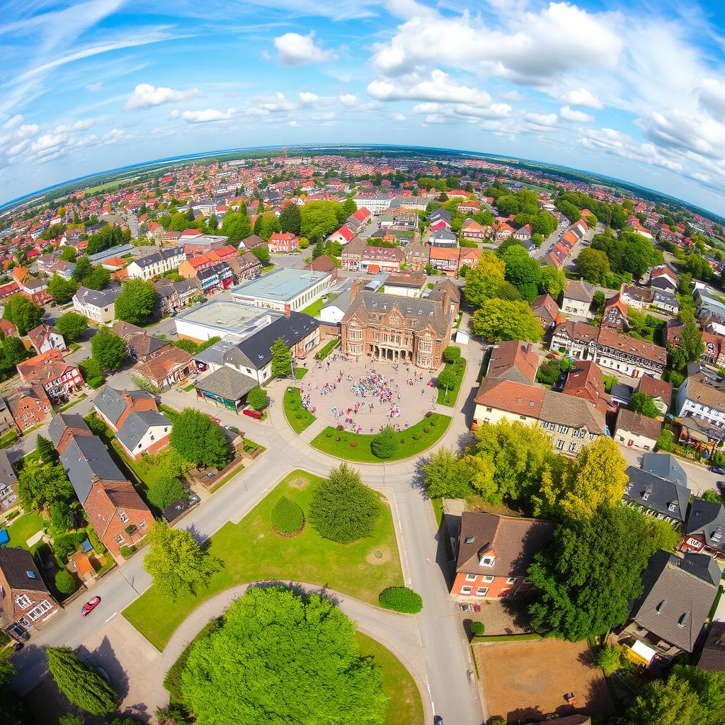 An aerial view of a medium-sized town, captured with a wide-angle camera lens
