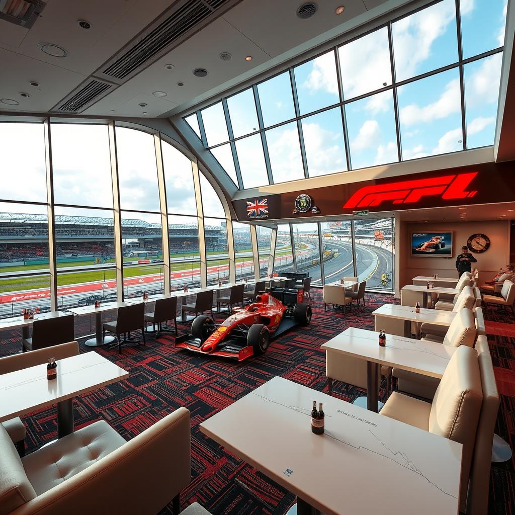An opulent Formula 1 suite located within a modern motorsport building, designed to provide a thrilling experience during race events