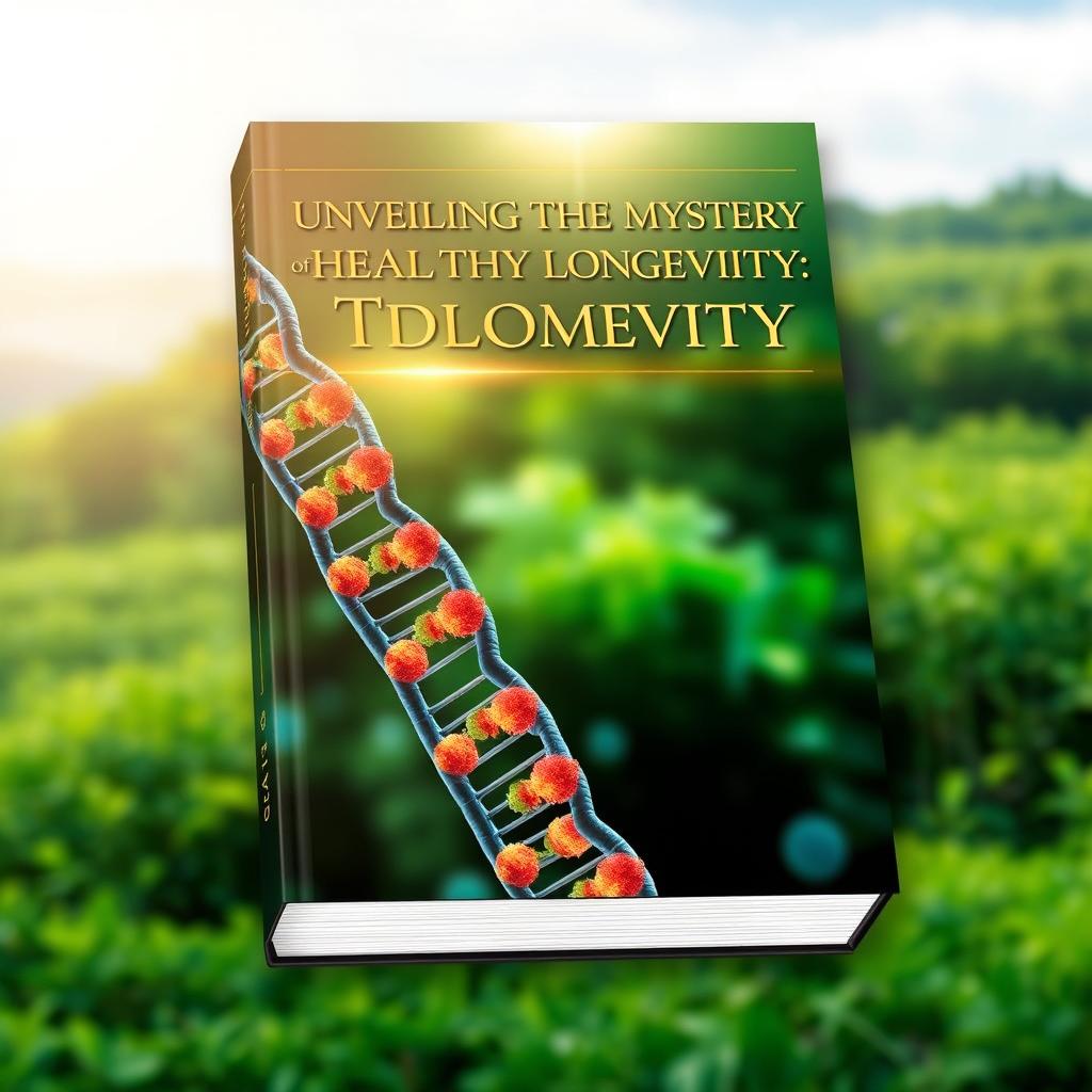 An A4-sized book cover design titled 'Unveiling the Mystery of Healthy Longevity: Telomeres'