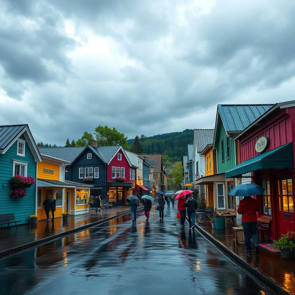 A vibrant small town scene on a rainy day, with colorful buildings lining the streets, people carrying umbrellas, and reflections of lights on wet pavement