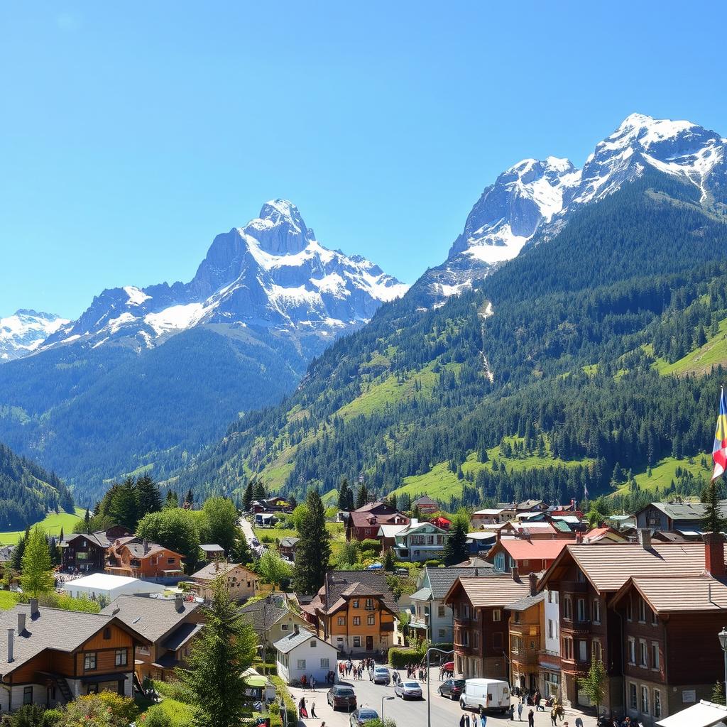 A picturesque town nestled at the foothills of majestic mountains, showcasing charming architecture and lush greenery