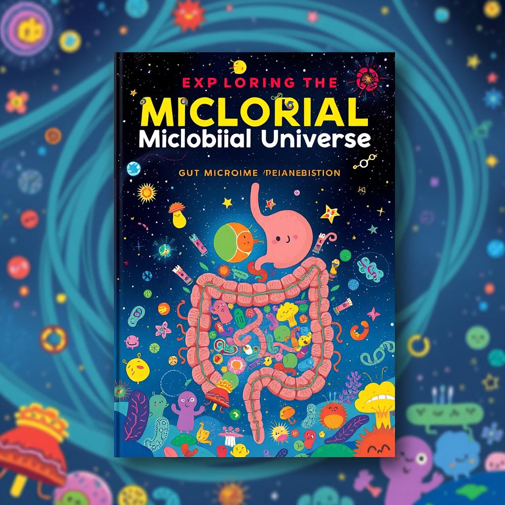 An A4-sized book cover design titled 'Exploring the Microbial Universe: Gut Microbiota'