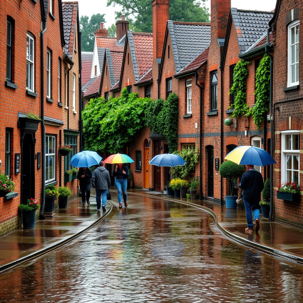 A vibrant small town on a rainy day, showcasing charming brick houses lining the streets