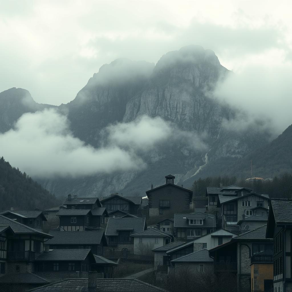 A dramatic town scene set against a backdrop of imposing mountains, captured in a wide-angle view