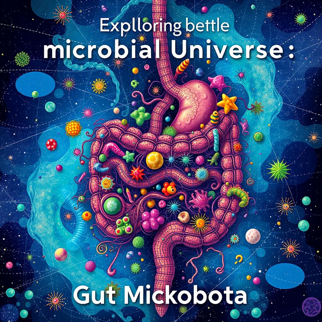 An A4-sized book cover background design for 'Exploring the Microbial Universe: Gut Microbiota'
