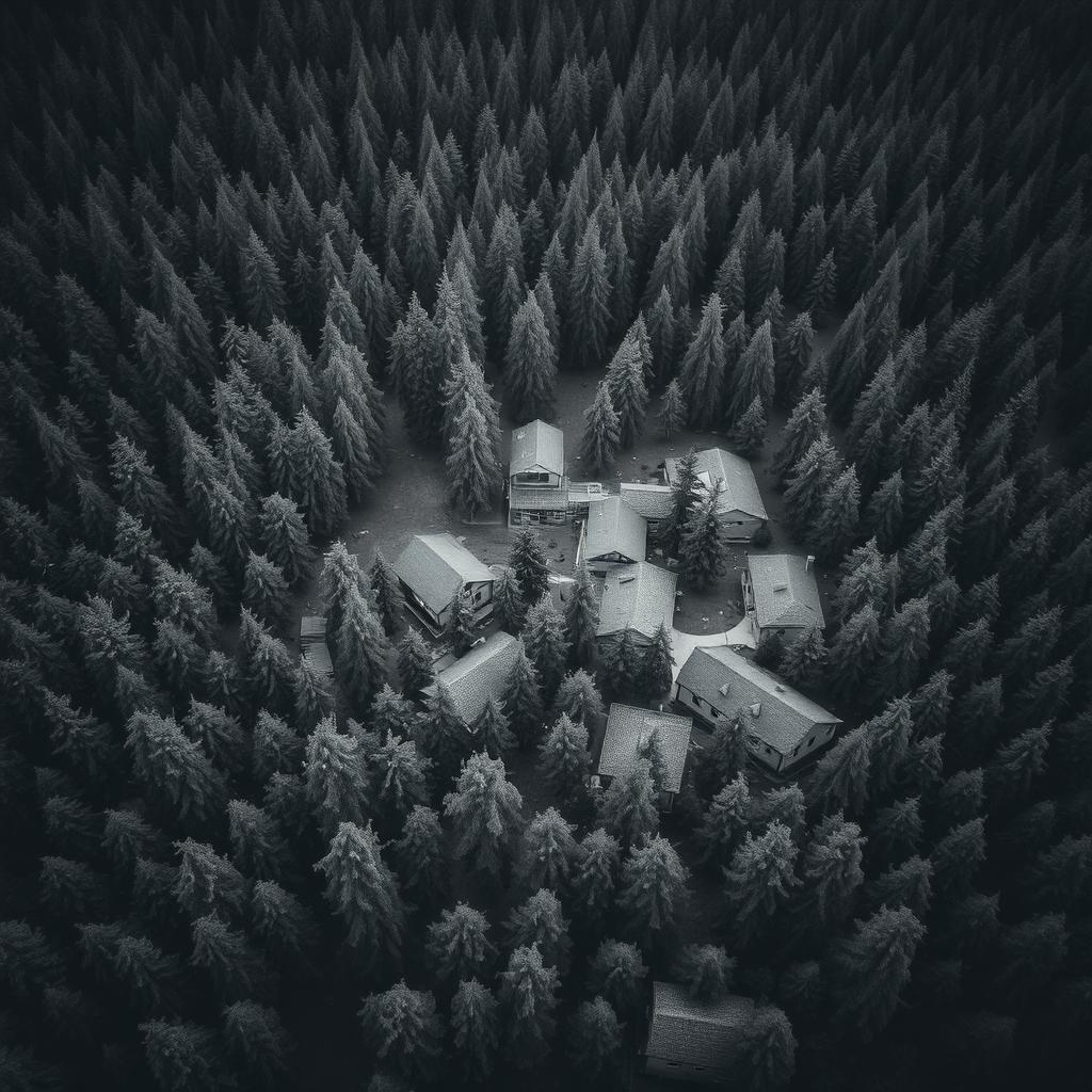 Aerial view of a densely wooded village surrounded by tall trees, showcasing rustic houses nestled among the foliage