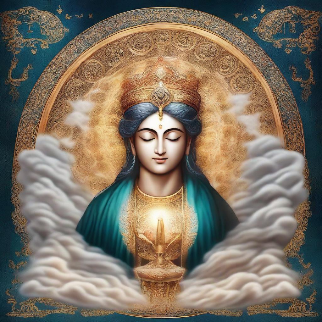 Artistically represent 'خدا', translated as 'God'. The image should elicit feelings of divinity and spirituality, possibly using symbolic elements like light, ethereal clouds or celestial bodies.