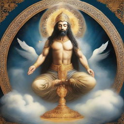 Artistically represent 'خدا', translated as 'God'. The image should elicit feelings of divinity and spirituality, possibly using symbolic elements like light, ethereal clouds or celestial bodies.