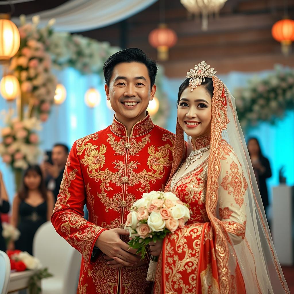 A Chinese actor, Ài ěr wēi Pēng, is depicted in an elegant wedding scene with an Iranian bride