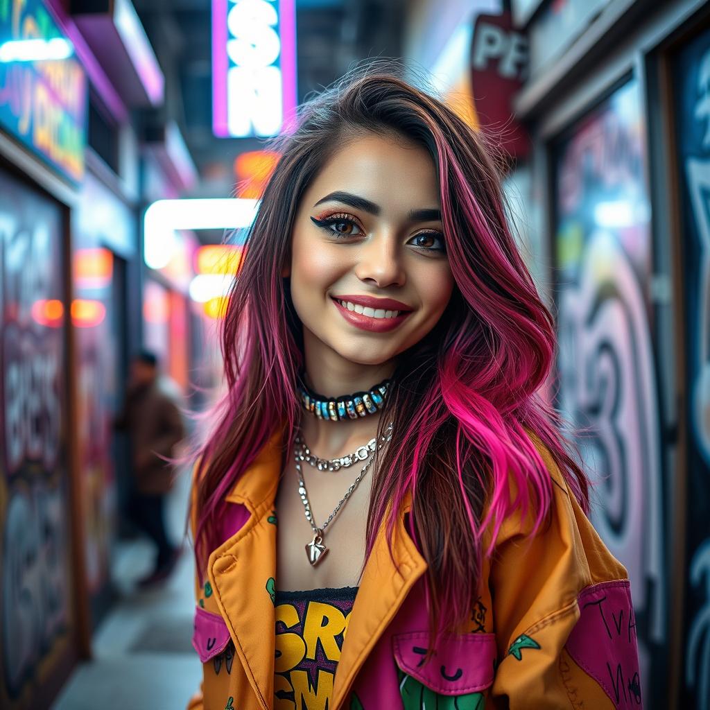 A stunning Iranian girl influenced by K-pop culture, featuring colorful and trendy attire, vibrant makeup, and stylish hair, posed in an urban setting with bright neon lights in the background