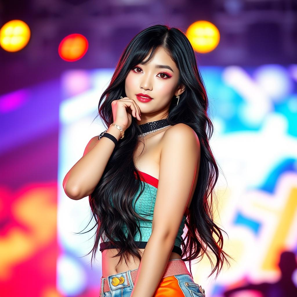 A beautiful Chinese K-pop girl, with stylish fashion and vibrant stage presence