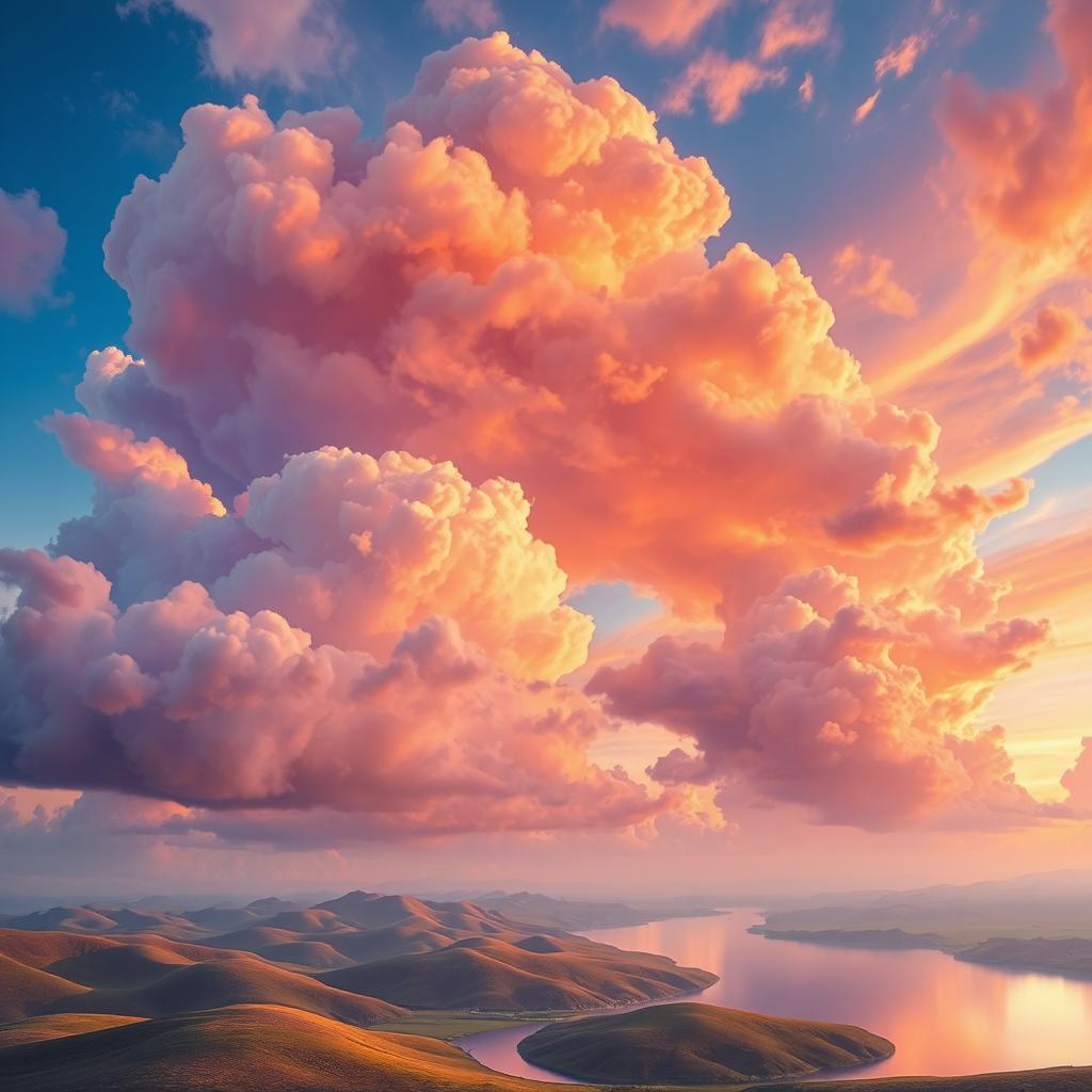 A surreal landscape featuring a vibrant sky filled with fantastical clouds in a variety of colors and shapes, blending warm oranges, deep purples, and bright blues