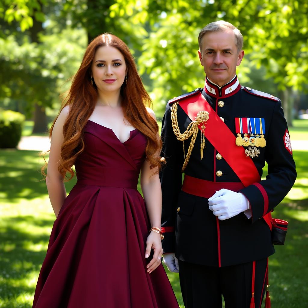 A woman with long, flowing red hair wearing an elegant burgundy evening gown stands next to a man in a Polish gala uniform featuring a red sash